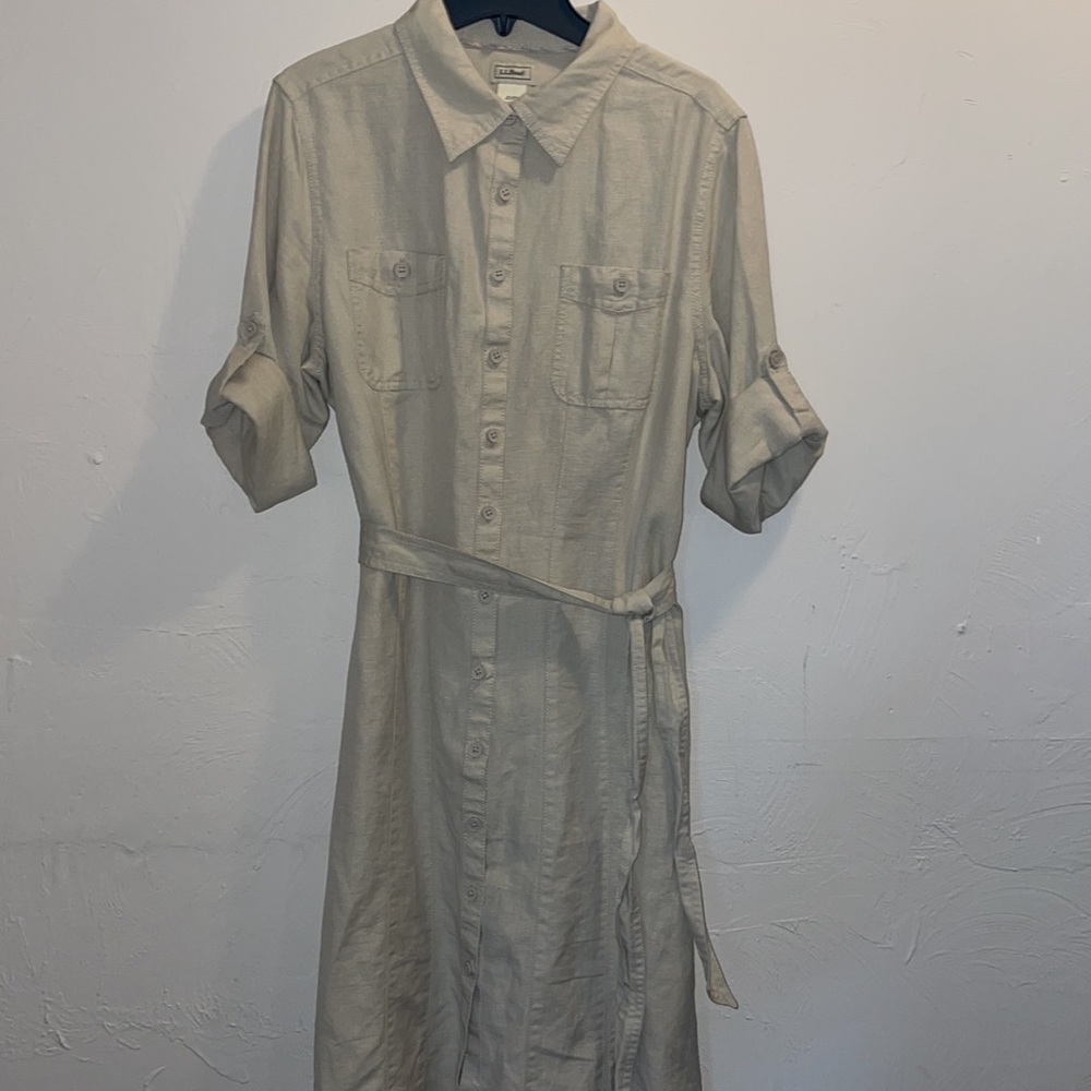 L.L Bean Woman's Signature Camp Shirt Linen Dress, Button-Front Sz L Knee Length
